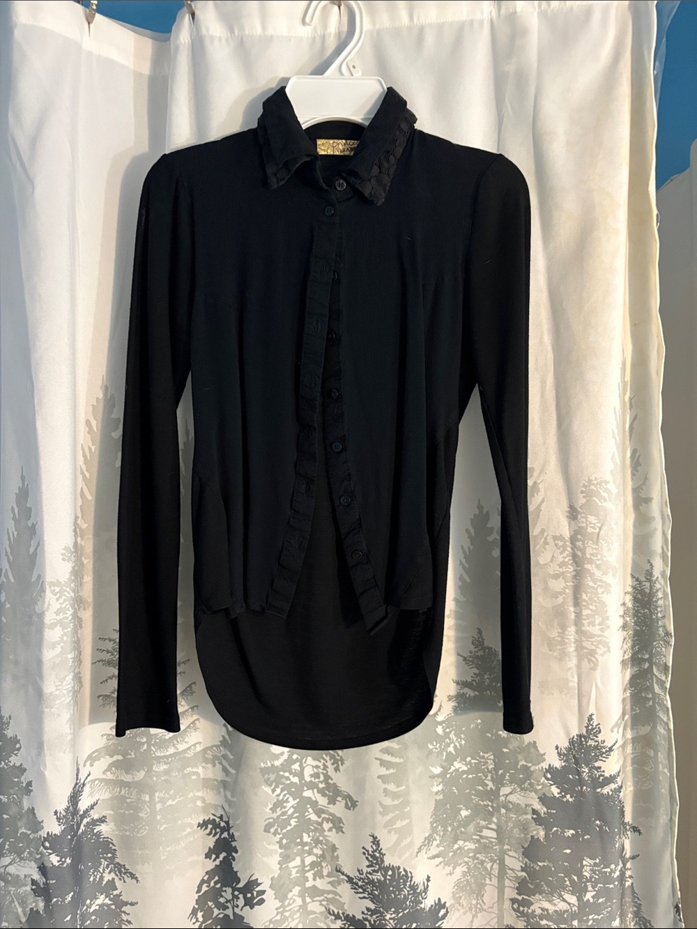 Black Ruffled Button-Up Long Sleeve Top